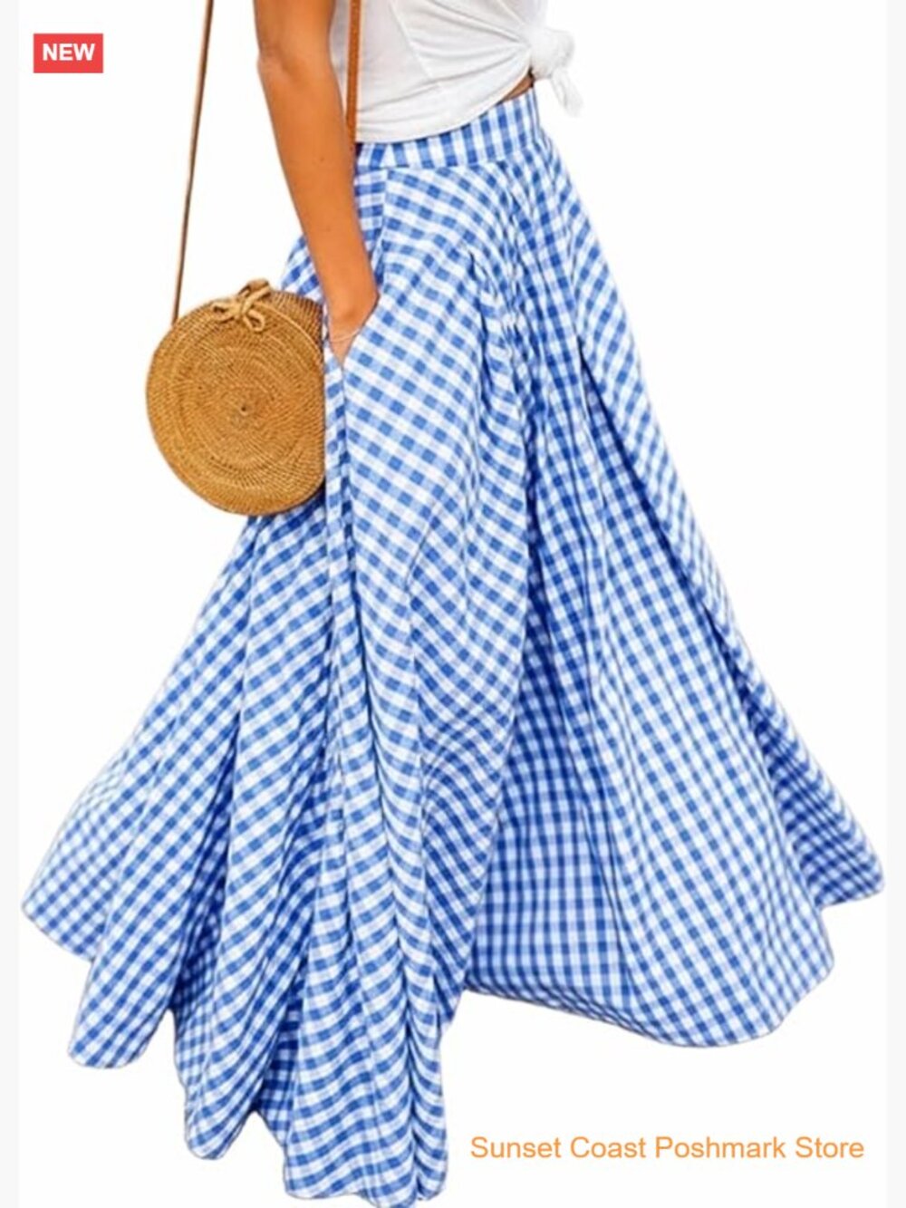 Gingham Maxi Skirt High Waist Pleated A Line Flowy Long Summer